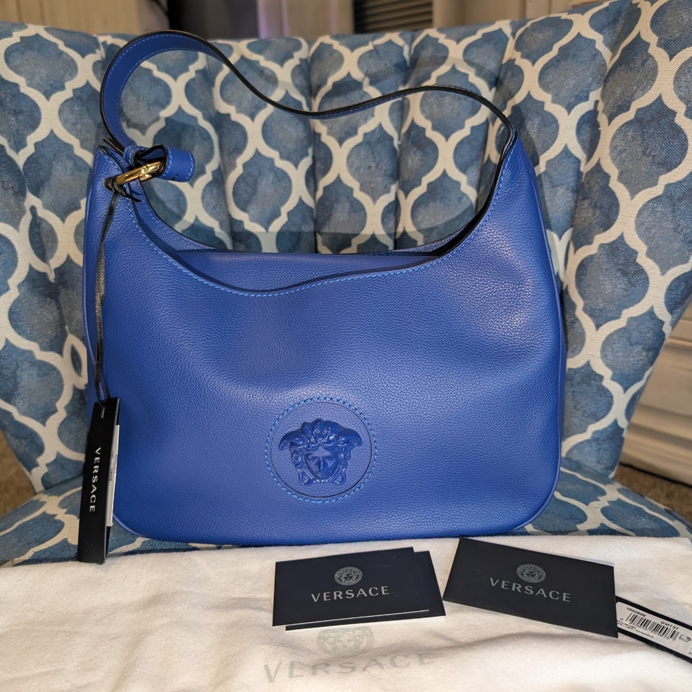 VERSACE La Medusa Blue Leather Medium Hobo
